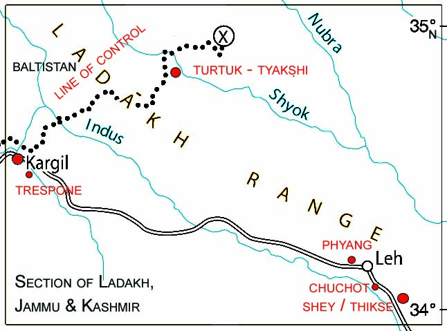 Map of areas covered in the research – details of geographic location of the towns of Leh, Kargil and the villages, Shey, Thikse, Chuchot and Turtuk in Leh District and Baru, Trespone, Saliskote in Kargil