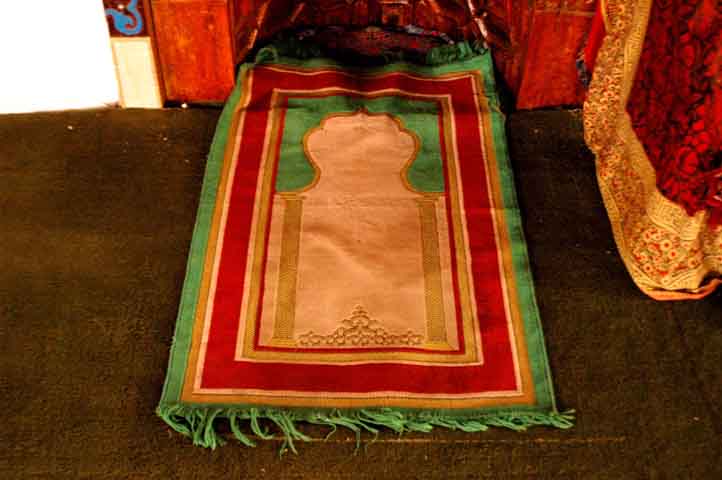 Silk prayer mat woven in Kashmir in the Mosque in Turtuk
