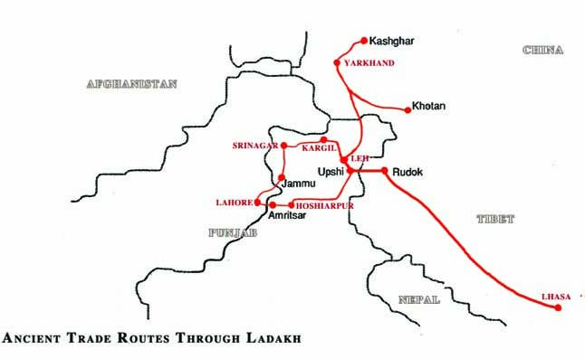 Map of Trade Routes, before 1947, of Leh’s connectivity with Yarkhand, Kashghar (Chinese Turkestan), Lhasa, Srinagar, Lahore and Hoshiarpur