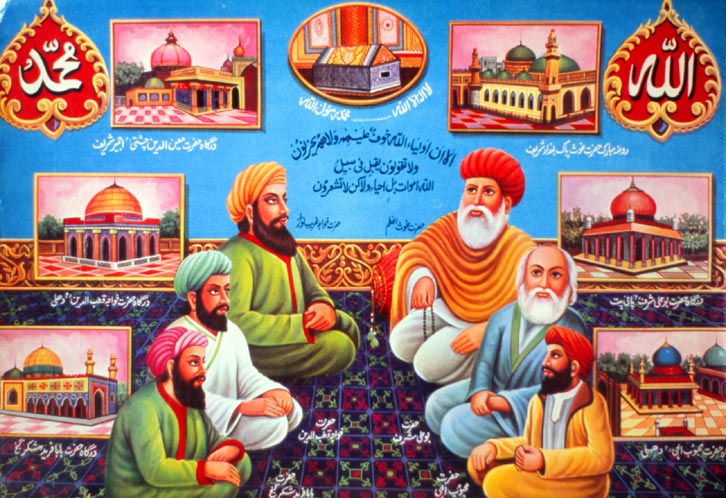 Six sufi saints and their shrines. Poster included in Brijbasi's 1996 catalogue of 'Islamic Pictures.' NOTE: Brijbasi produced two catalogues that year; the other was called General posters