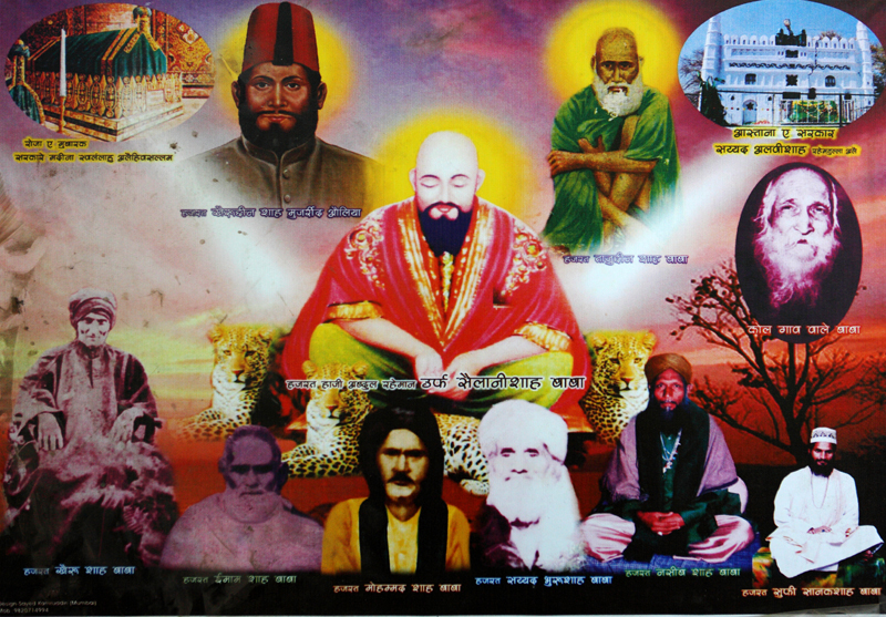 Seen here is a poster assembled in the Sailani museum. It shows Sailani baba with other a few saints and holy men - Hazrat Khairu Shah baba, Hazrat Iman Shah baba, Hazrat Mohammad Shah Baba, Hazrat Sayyed Khairu Shah Baba, Hazrat Naseeb Shah Baba, Kol gaon wale Baba, Sayyed Ali Shah, Hazrat Khairuddin Shah Auliya. The Saints are not so popular and recognized in visual iconography, but here, the familiar figure of Sailani baba makes this an instantly identifiable poster.