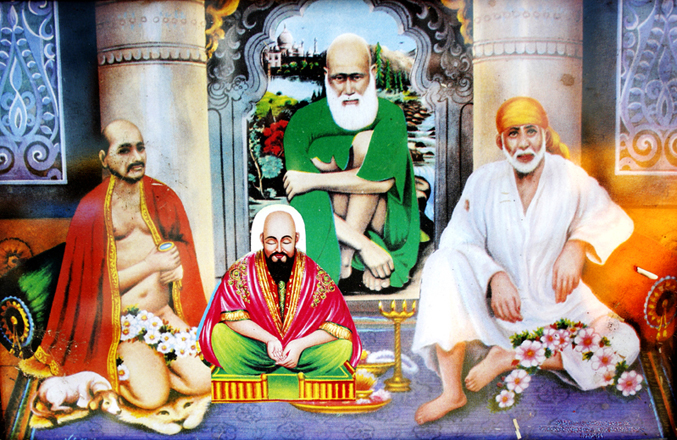 An imaginary gathering of four saints. Sailani Baba seen with Gajanan Maharaj of Shegaon (seen in red robe on the left), Waris Shah (in green robe, center) and Sai Baba (in white robe). The image of Sailani Baba has been superimposed on this popular poster.