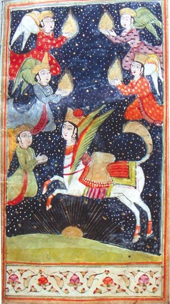 The Prophet (not depicted) ascends on Buraq, accompanied by angels Firdawsi, Shahnama (Book of Kings), Kashmir, 18th century, London, British Library, Add. 7763, folio 21r.

											Source: The Prophet's ascension: cross-cultural encounters with the Islamic Mi’raj tales (Plate 29) Christiane J. Gruber, Frederick Stephen Colby