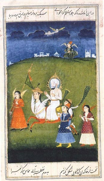 The Prophet rides Buraq, accompanied by the angel Gabriel and peris. Qamar al-Din, Divan (compendium of poems), Provincial Mughal (Oudh), ca.1782. London, British Library, Or.6633, folio 4v.
											Source: The Prophet's ascension: cross-cultural encounters with the Islamic Mi’raj tales (Plate 29) Christiane J. Gruber, Frederick Stephen Colby