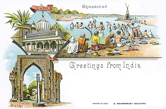 Greetings from India. A postcard showing the shrine of Nizamuddin among other views of India.
											Printed by D.Parcopolo, Calcutta. Circa 1920.