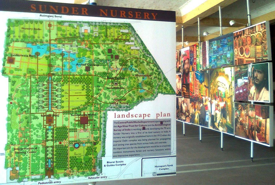 Landscape plan of the Nizamuddin heritage area displayed in an exhibition at Urs mahal, organised by the Aga Khan Trust for Culture. 2009. Photograph by Yousuf Saeed